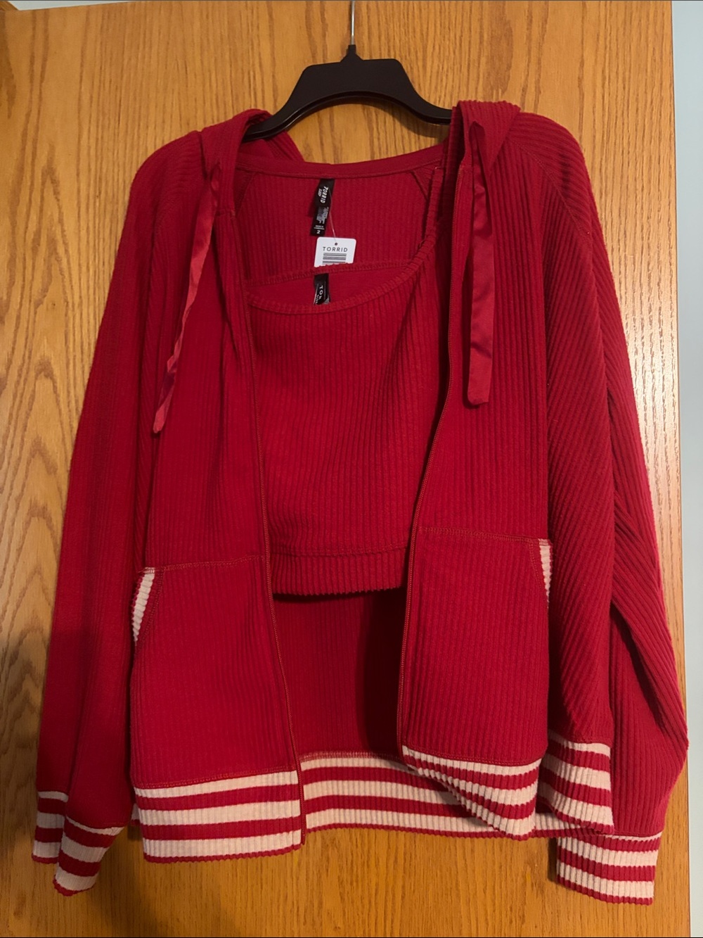Torrid Red Ribbed Hoodie & bralette Set with Pants Stripe Trim set for lounging!
